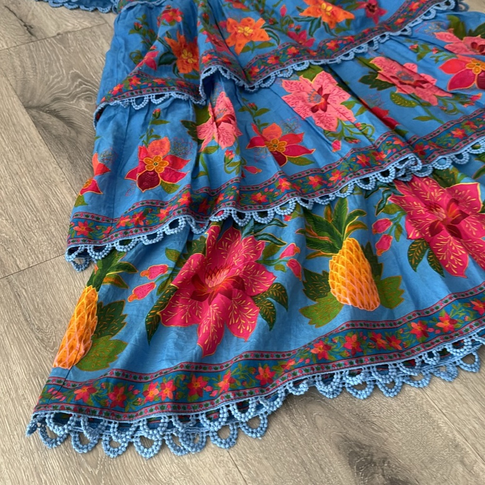 Farm Rio Women’s Blue Tropical Midi Layered Tiered Tapestry Dress Medium NWT - Picture 6 of 16